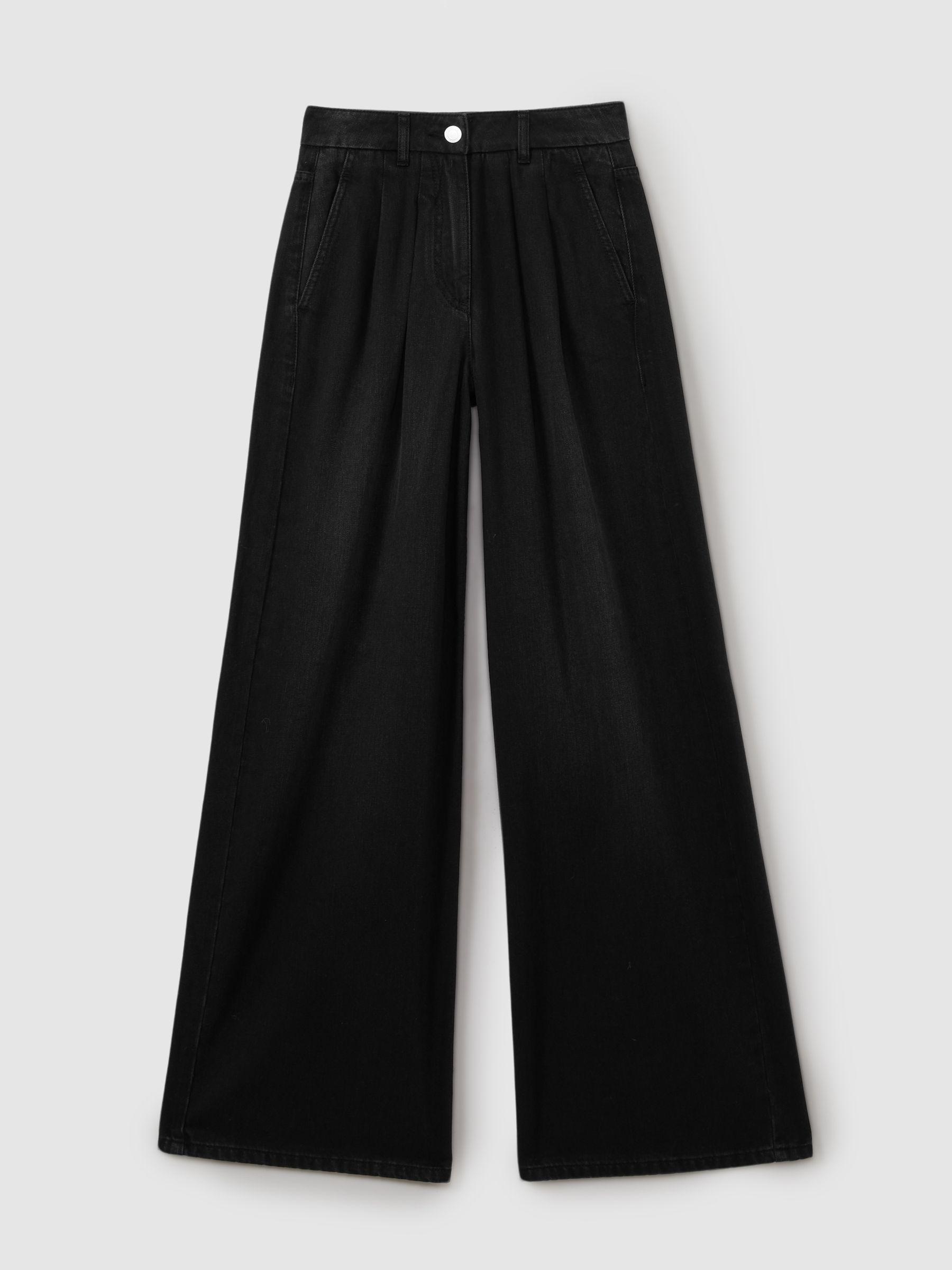 Double Pleat Wide Leg Jeans in Black by REISS