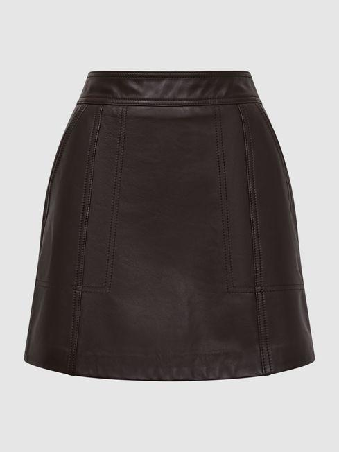 Edie Chocolate Leather High Rise Mini Skirt by REISS