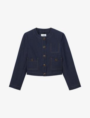 Edie Collarless Cropped Denim-Blend Jacket by REISS