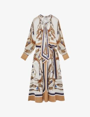 Ellie Foulard-Print Tie-Neck Woven Midi Dress by REISS