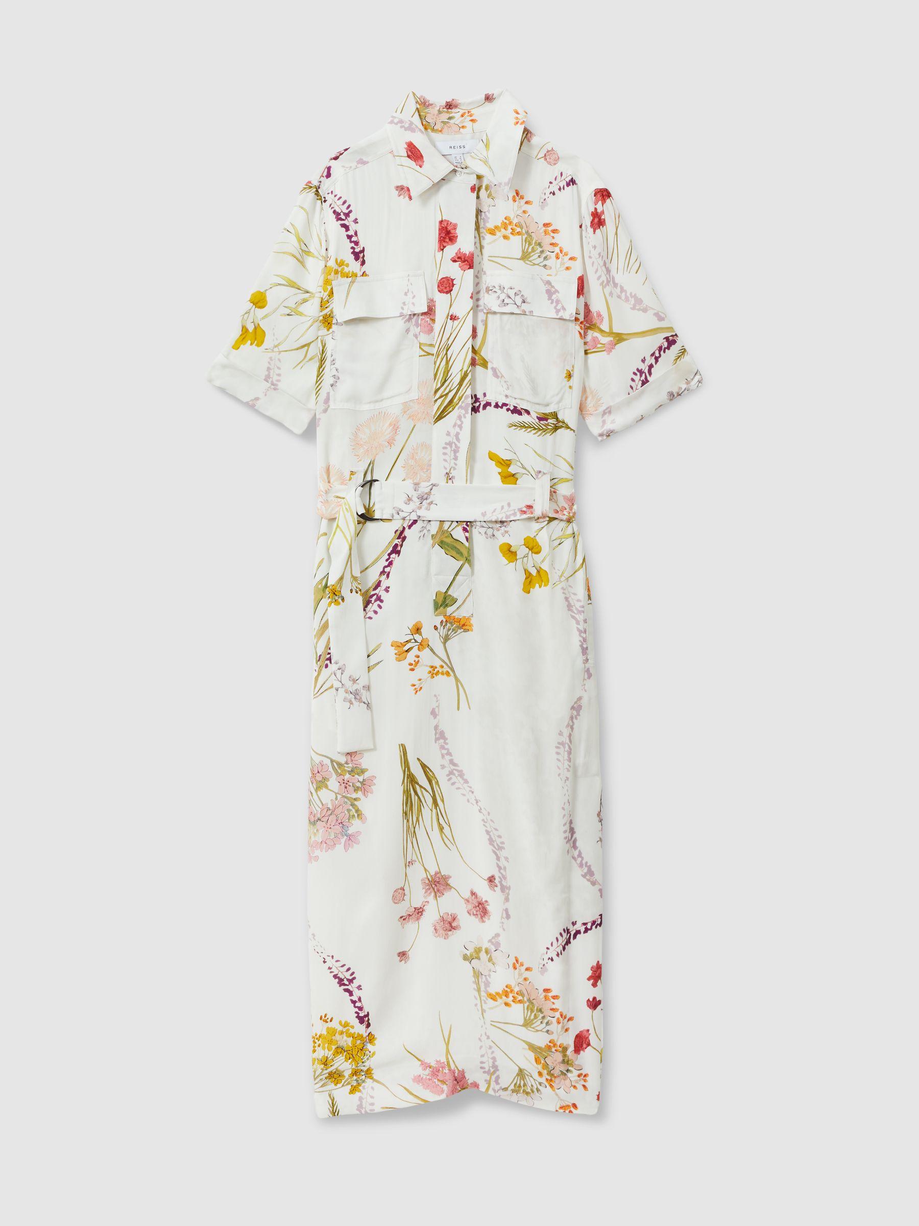 Floral Print Belted Midi Dress in Ivory/Orange by REISS