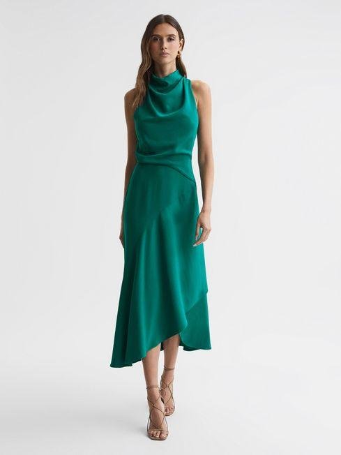 Green Giana High Neck Draped Midi Dress by REISS