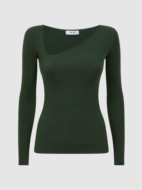Green Sasha Fitted Ribbed Asymmetric Neck T-Shirt by REISS