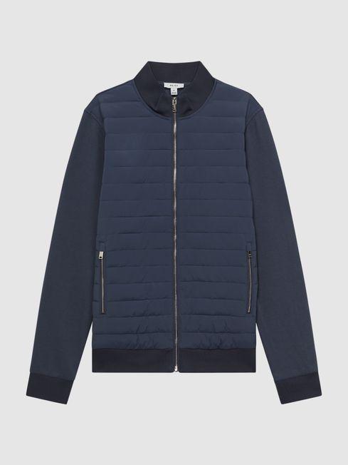 Hybrid Quilt and Knit Zip-Through Jacket in Airforce Blue by REISS