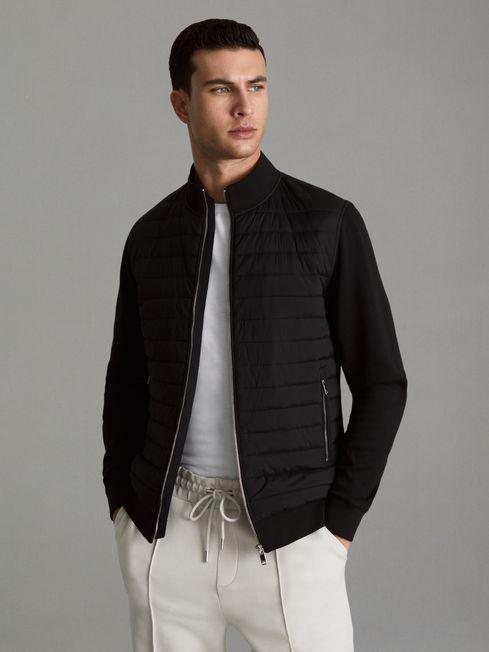 Hybrid Quilt and Knit Zip-Through Jacket in Black by REISS Hybrid Quilt and Knit Zip-Through Jacket in Black by REISS