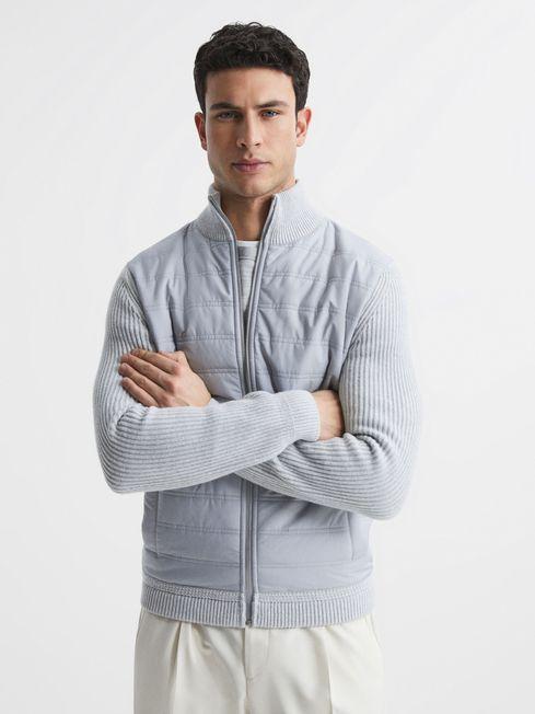Hybrid Quilt and Knit Zip-Through Jacket in Soft Grey by REISS Hybrid Quilt and Knit Zip-Through Jacket in Soft Grey by REISS