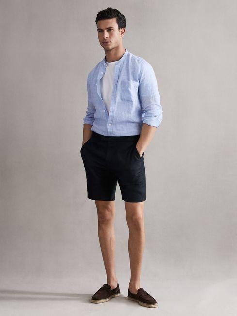 Indigo Searcy Linen Side Adjuster Shorts by REISS