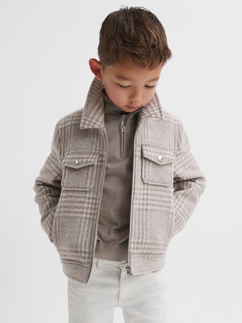 Junior Wool Trucker Jacket in Oatmeal Check by REISS