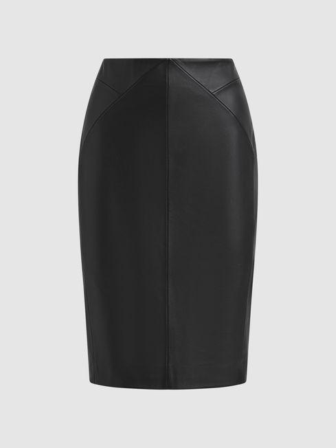 Leather High Rise Midi Skirt in Black by REISS