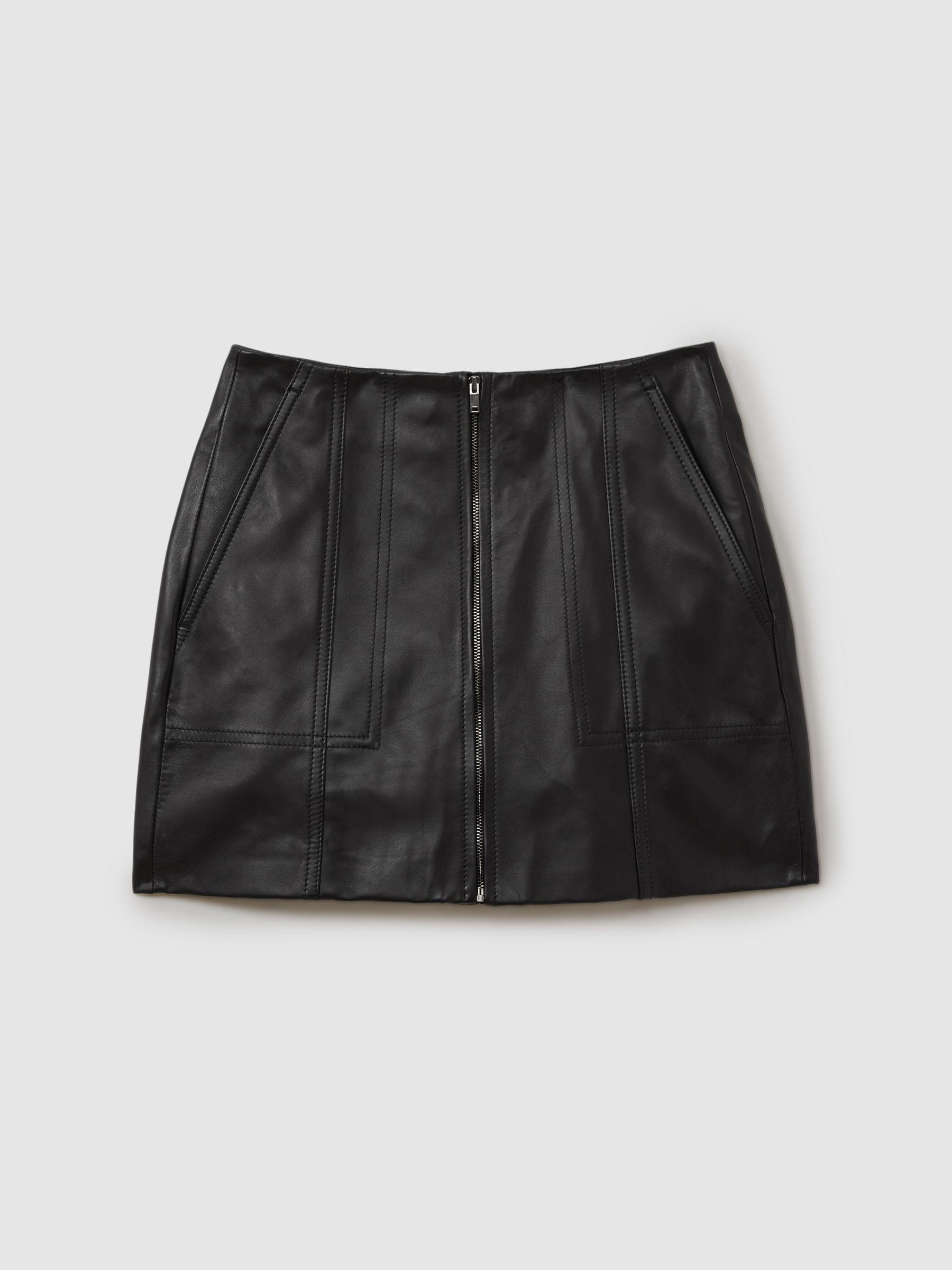 Leather Zip-Front Mini Skirt in Black by REISS
