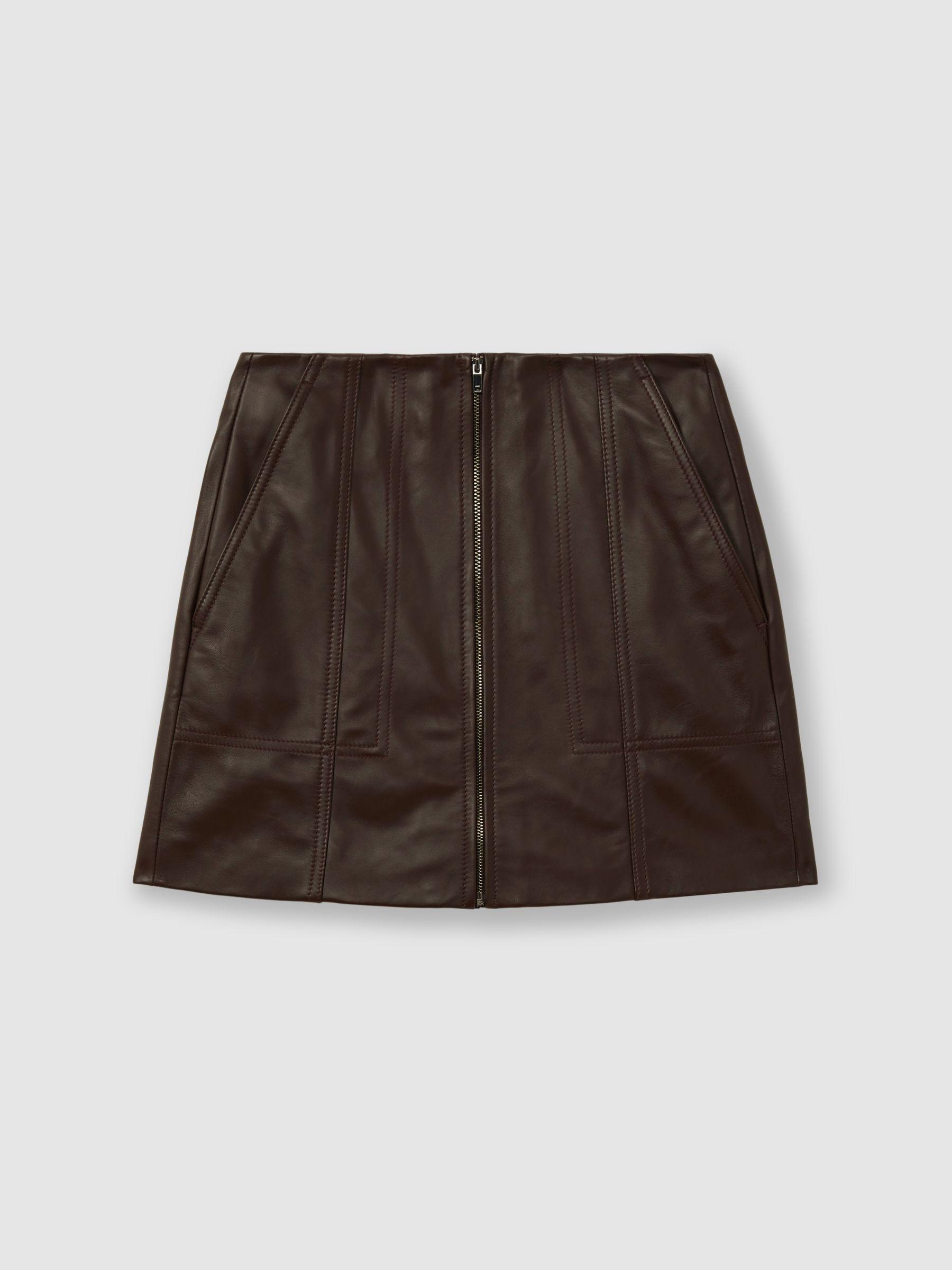 Leather Zip-Front Mini Skirt in Burgundy by REISS