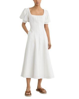 Linen Puff Sleeve Midi Dress by REISS