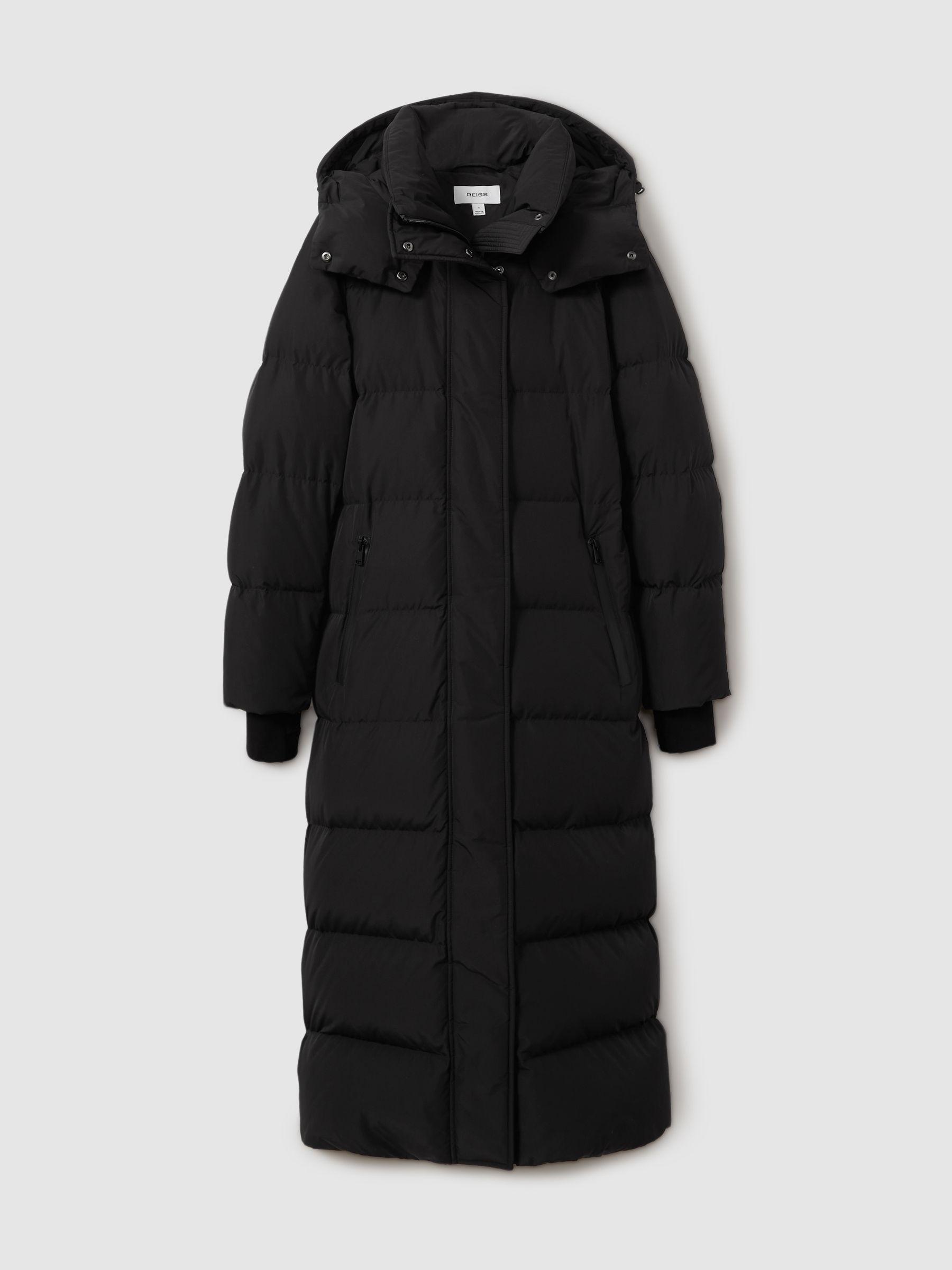 Longline Hooded Puffer Coat in Black by REISS