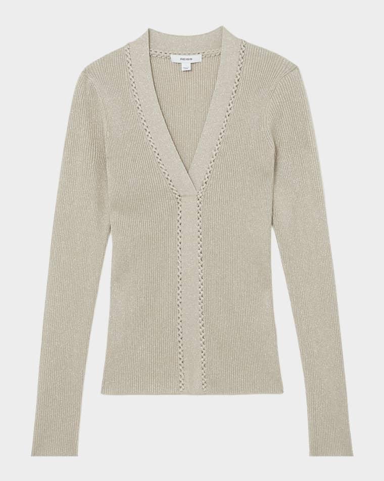 Lula Metallic Craft-Stitch Rib-Knit Top by REISS