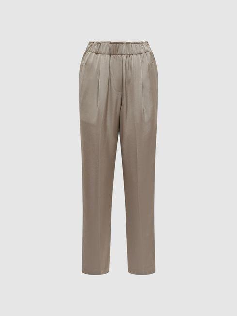 Mink Elaina Satin Elasticated Tapered Trousers by REISS