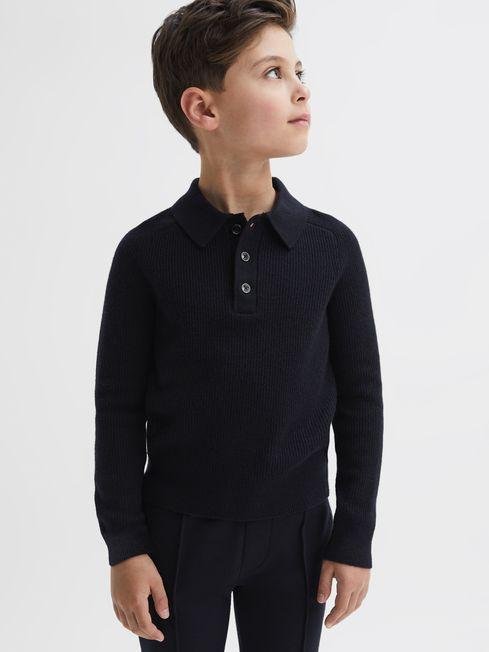 Navy Holms Junior Merino Wool Polo Shirt by REISS