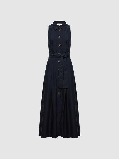 Navy Milena Button Front Midi Dress by REISS