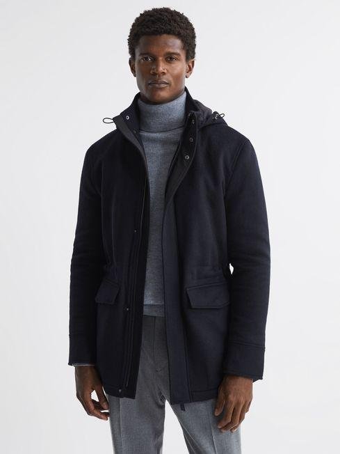 Navy Torino Wool Blend Removable Hooded Coat by REISS