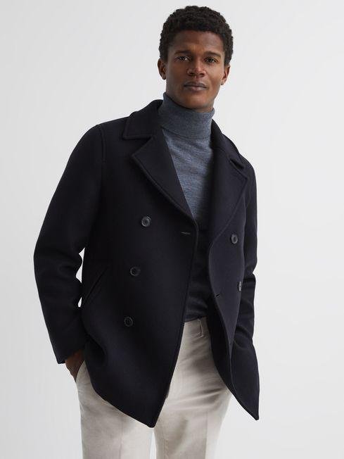 Navy Wind Shearling Mid Length Pea Coat by REISS