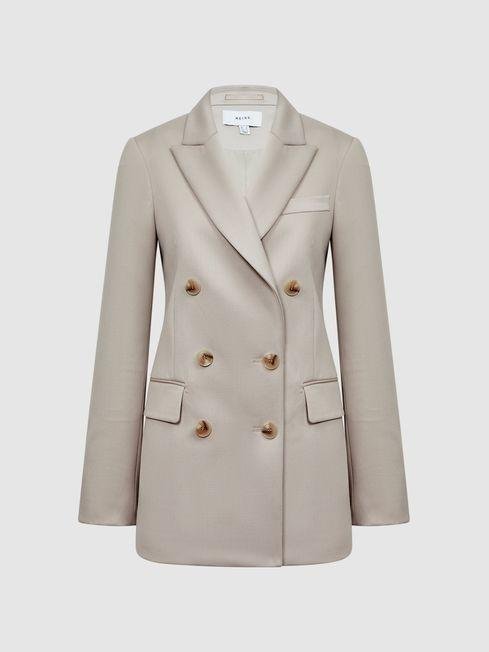 Neutral Astrid Petite Double Breasted Wool Blend Blazer by REISS