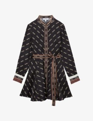 Nina Chain-Print Belted-Waist Woven Mini Dress by REISS
