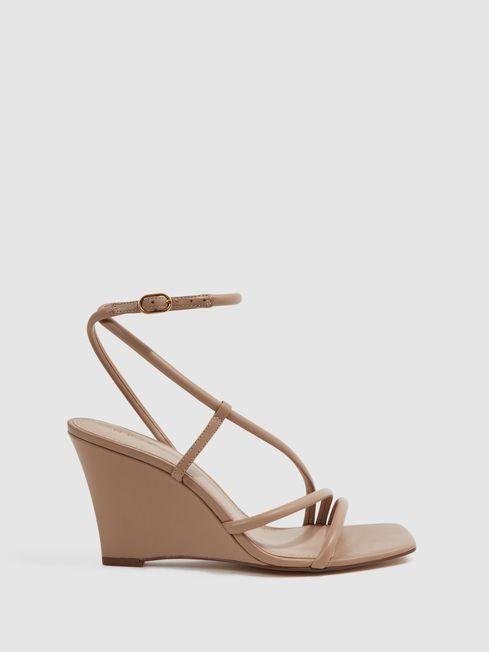 Nude Cassie Leather Strappy Wedge Heels by REISS