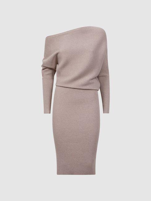Off-The-Shoulder Ribbed Midi Dress in Neutral by REISS