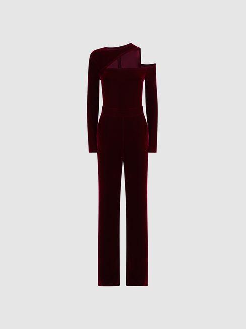 Petite Velvet Off-The-Shoulder Jumpsuit in Berry by REISS
