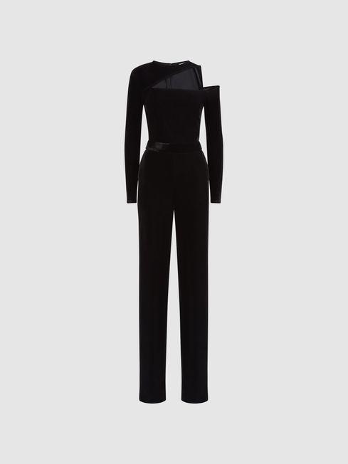 Petite Velvet Off-The-Shoulder Jumpsuit in Berry by REISS