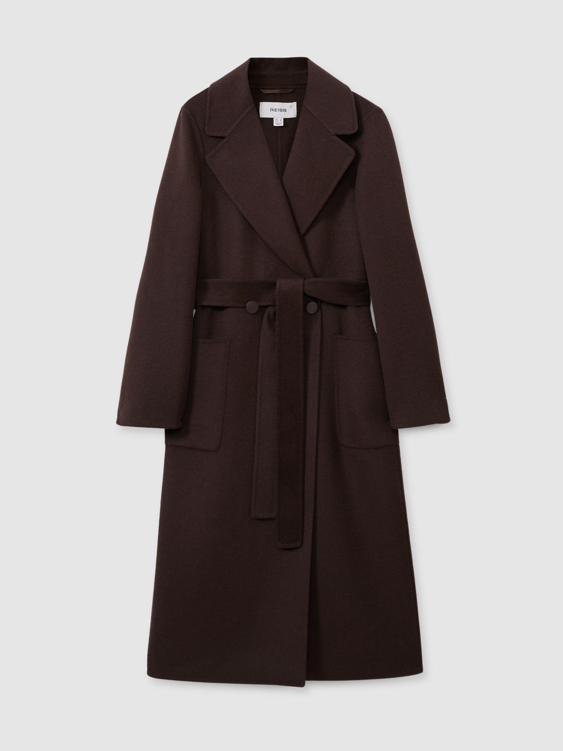Petite Wool-Blend Double-Breasted Blindseam Coat in Chocolate by REISS