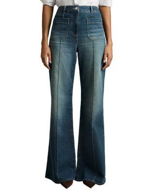Petites Sakura Flare Patch Pocket Jeans in Mid Blue by REISS