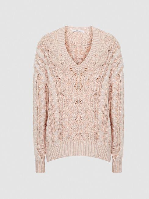 Pink Esme Cable Knit V Neck Jumper by REISS