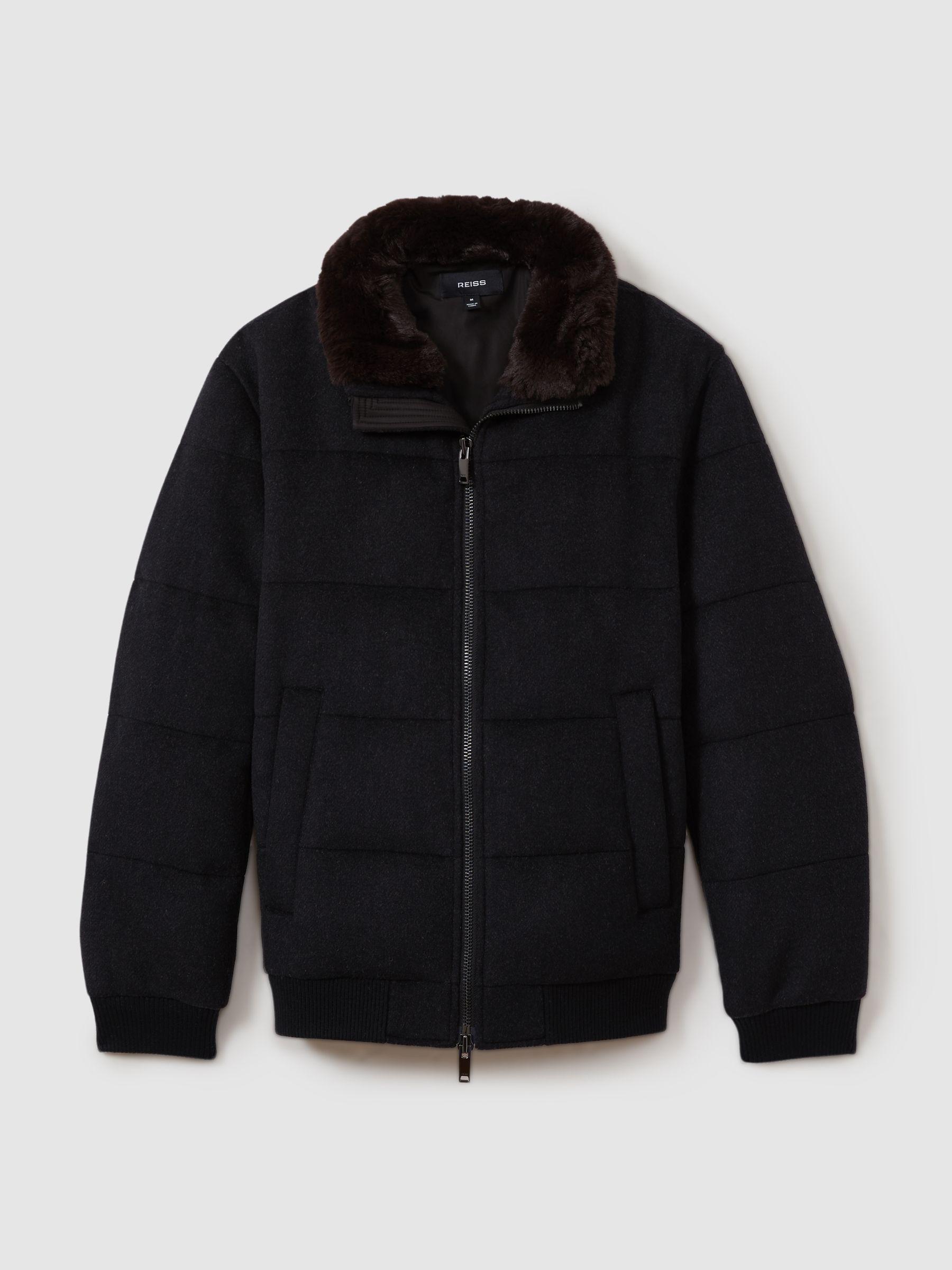 Quilted Wool-Blend herringbone and Faux-Fur Jacket in Soft Grey Melange by REISS