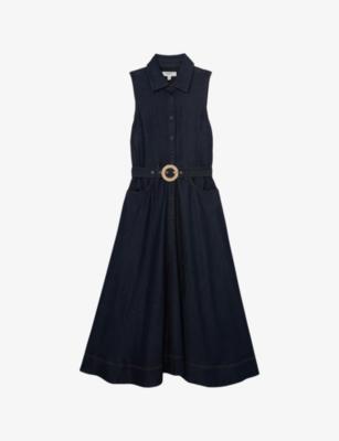 Remi Belted-Waist Denim Midi Dress by REISS