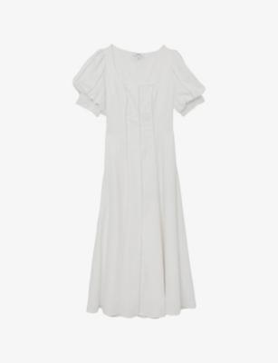 Riva Puff-Sleeved Linen Midi Dress by REISS