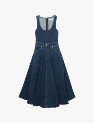 Rosie Fitted-Waist Sleeveless Stretch-Denim Midi Dress by REISS