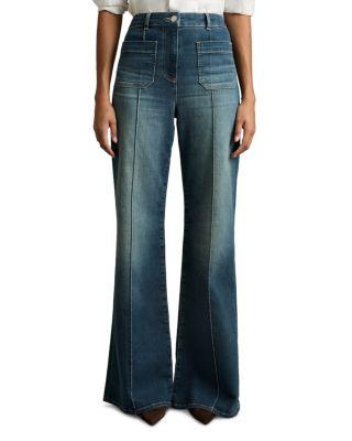 Sakura Patch Pocket High Rise Flare Jeans in Mid Blue by REISS