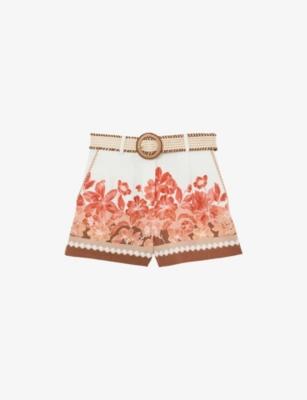 Samira Floral-Print Belted Linen Shorts by REISS