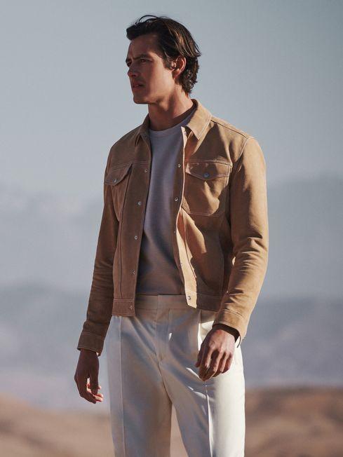 Sand Noa Suede Button-Through Trucker Jacket by REISS