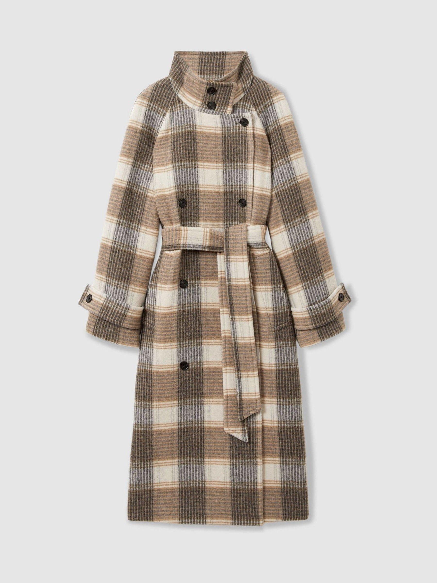 Wool Blend Check Double Breasted Coat in Neutral Check by REISS