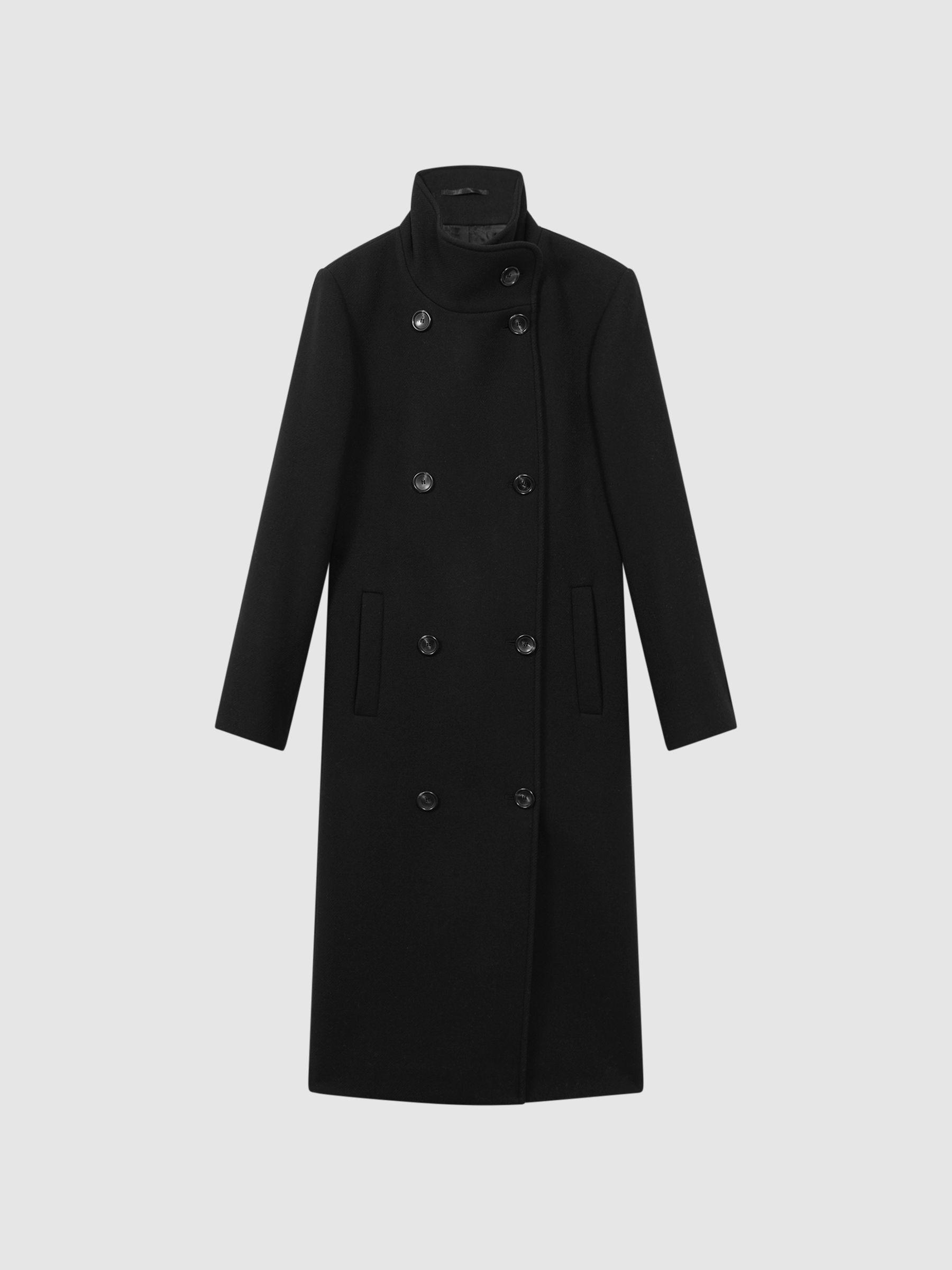 Wool Blend Double Breasted Long Coat in Black by REISS