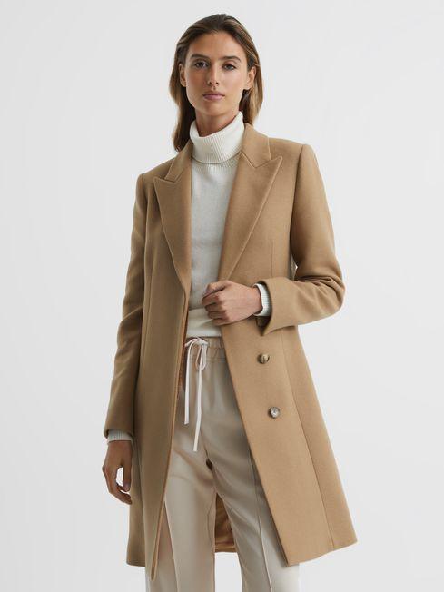 Wool Blend Mid Length Coat in Camel by REISS