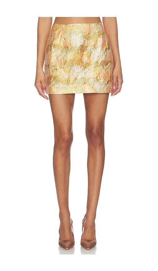 RENGGLI Brocade Mini Skirt in Orange,Metallic Gold by RENGGLI