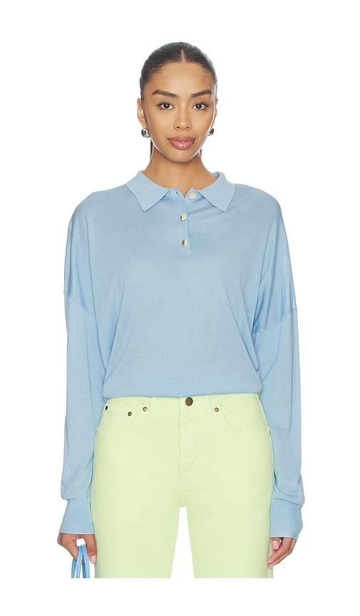 RENGGLI Silk Cashmere Boxy Long Sleeve Polo in Blue by RENGGLI