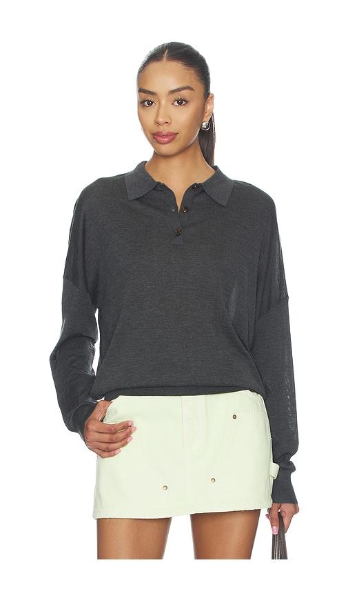 RENGGLI Silk Cashmere Boxy Long Sleeve Polo in Charcoal by RENGGLI
