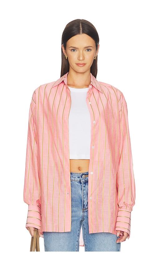 RENGGLI Stripe Boxy Long Sleeve Button Up in Pink by RENGGLI