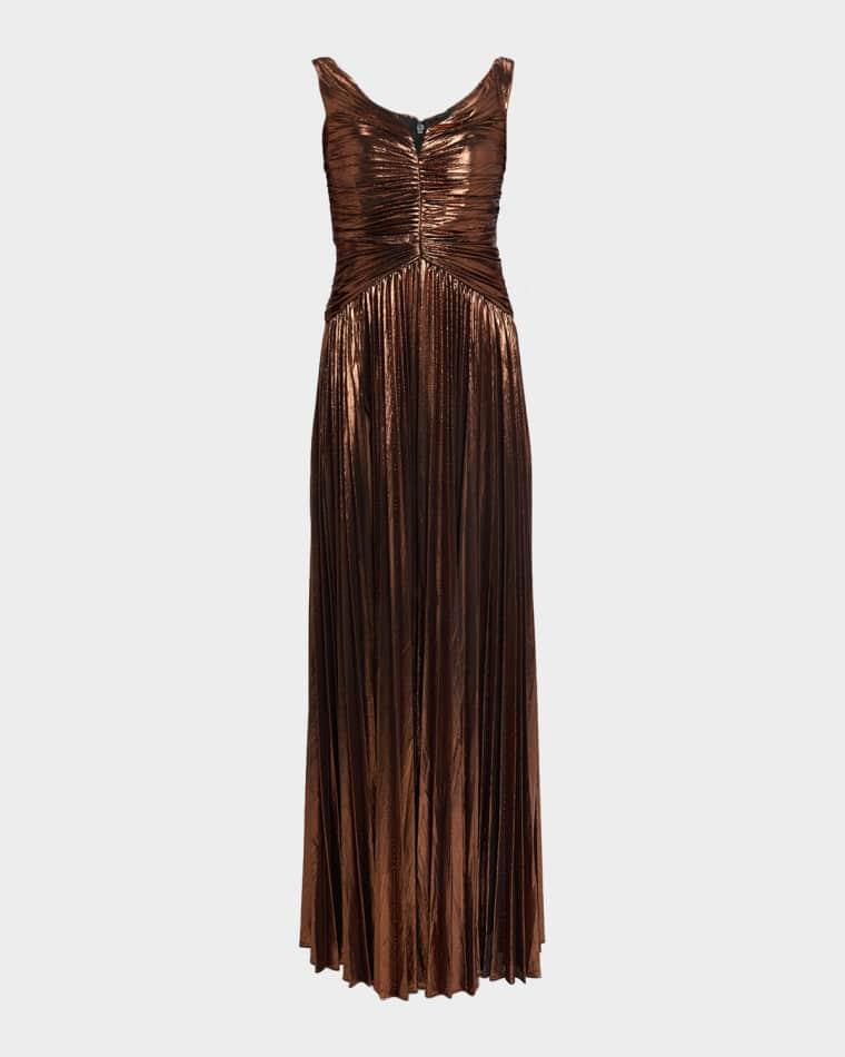 Ismene Metallic Pleated Sleeveless Gown by RETROFETE