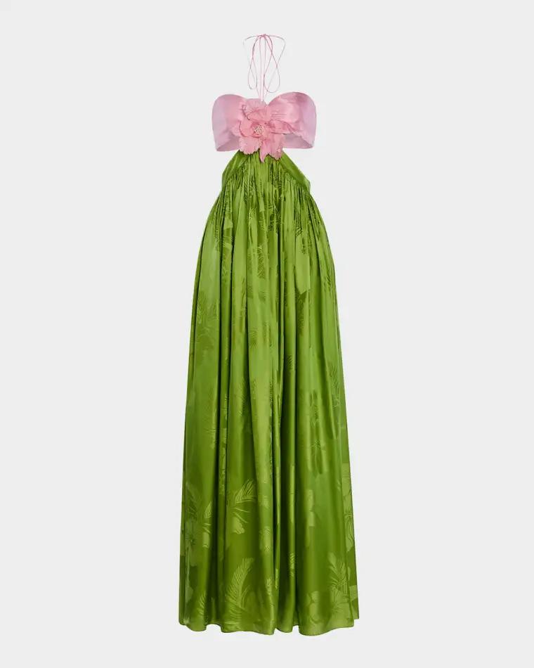 Prudy Floral Cut-Out Satin Halter Dress by RETROFETE
