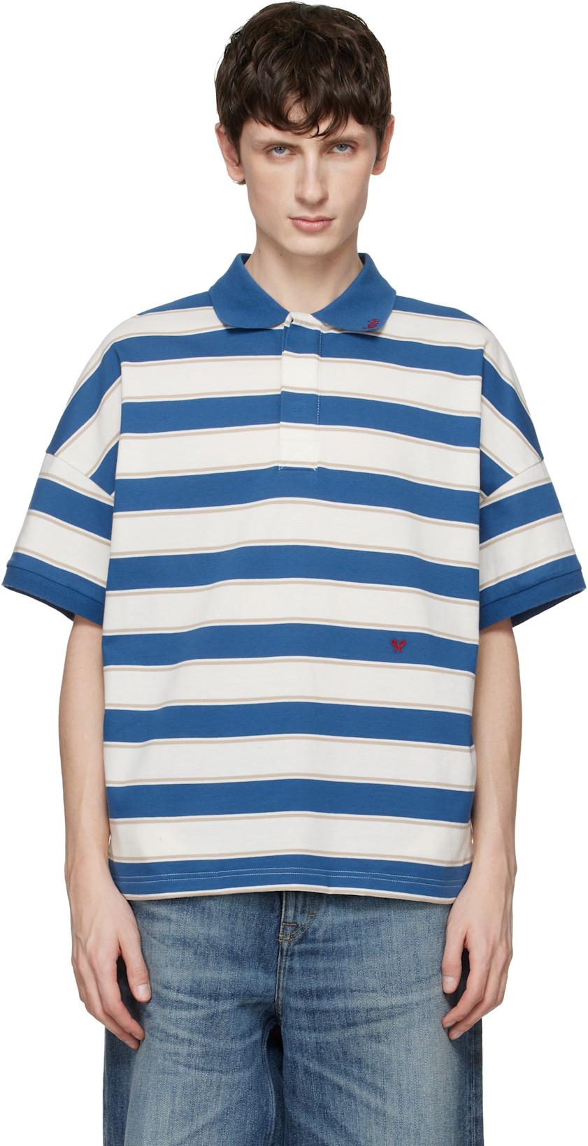 Blue & Off-White Fontaine Striped SS Polo by RHUDE