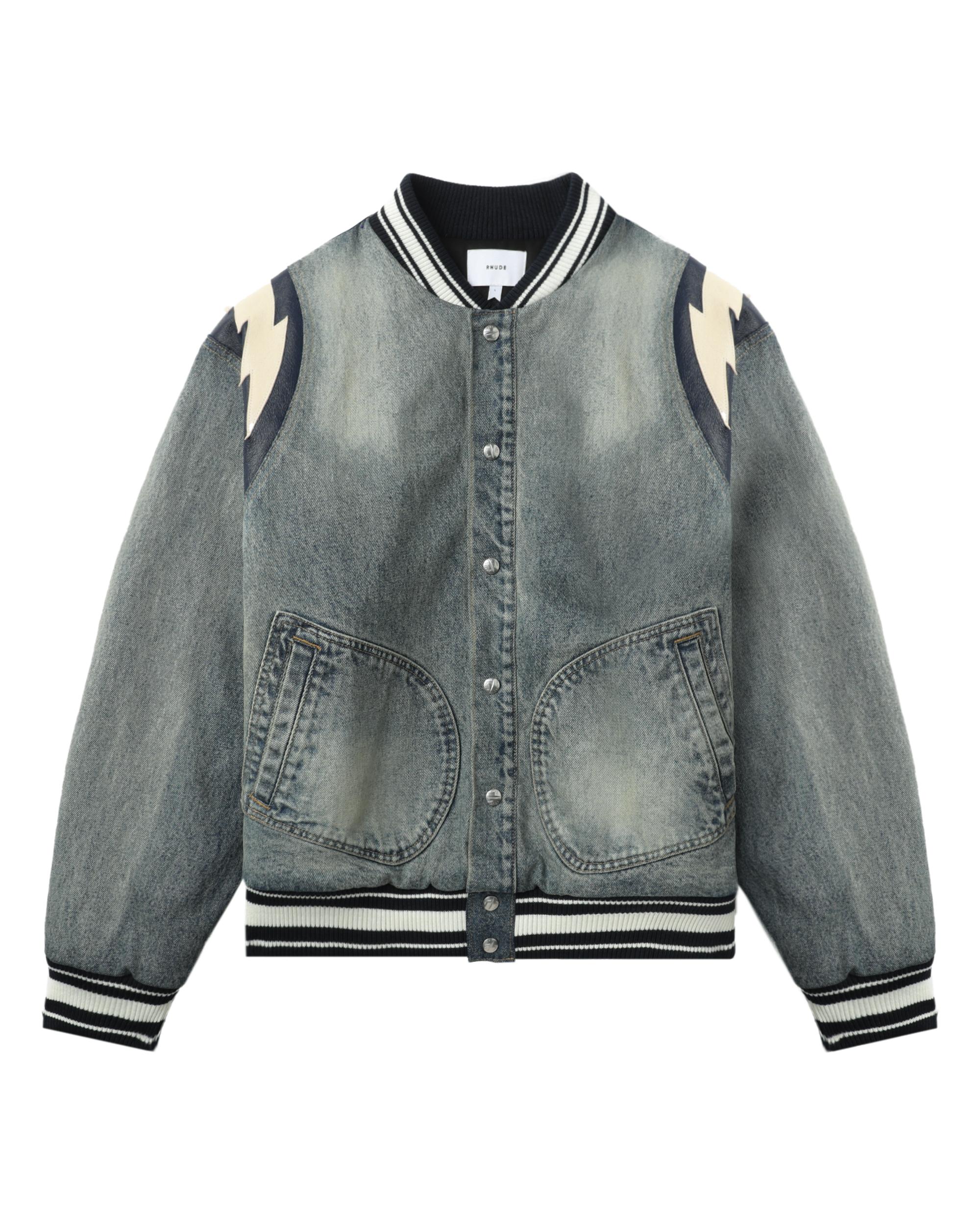 Lightning denim hoodied varsity jacket by RHUDE